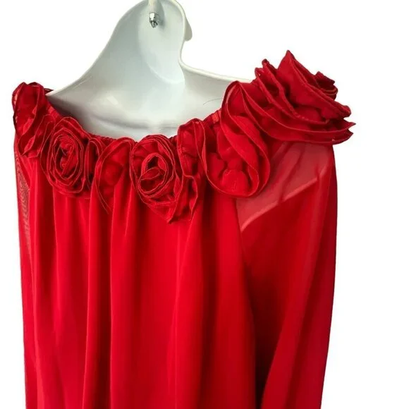 Leslie Fay Flower Rosette Trim Blouse 12 Red Sheer Sexy Romantic Cocktail Party - Picture 7 of 12